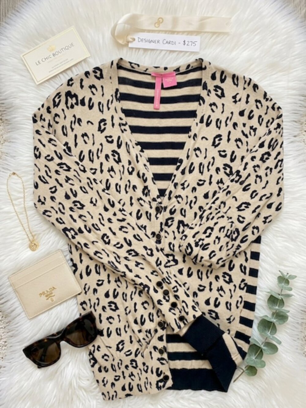 Charlotte Russe Mixed Print Leopard Stripe Cardigan Gold Button Tan Black S